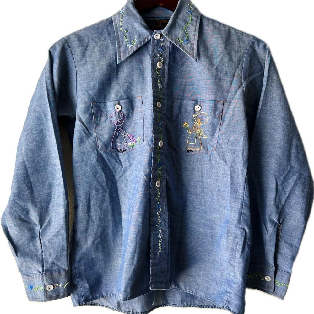 1970s 70s Vintage Ranch Western Loop Shirt Embroidered Floral Fruit Animal Sears
